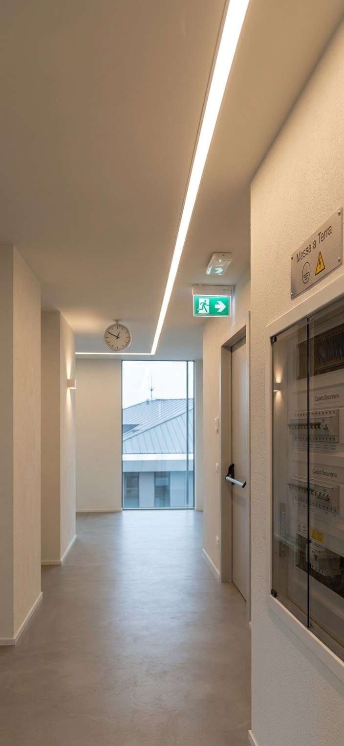 Illuminazione lineare e di emergenza in un corridoio